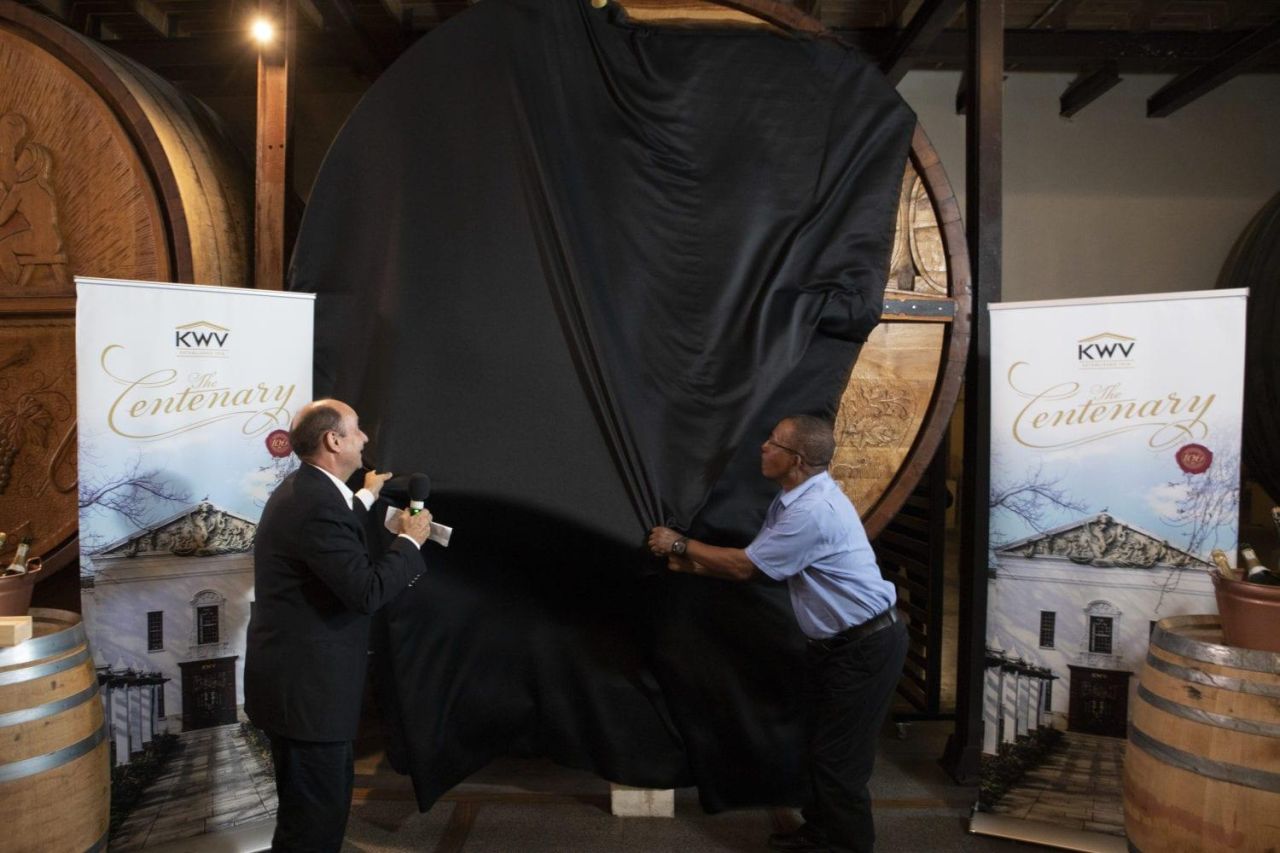 KWV CEO Boyce Lloyd and Cellar Assistant Billy August reveal the new vat