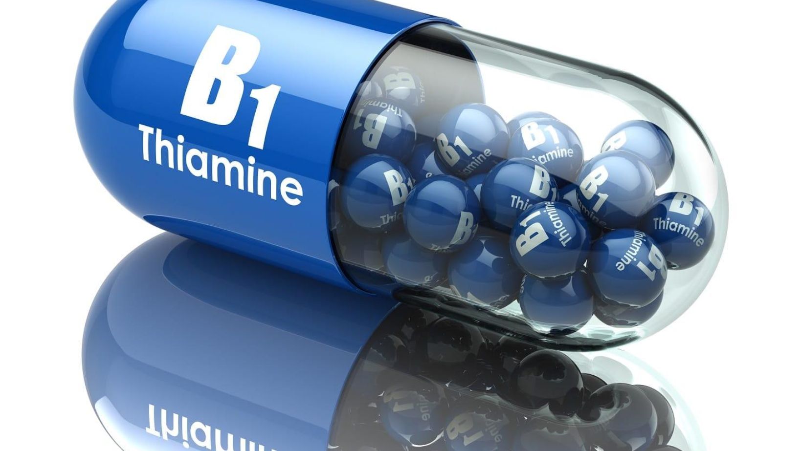 Vitamin B1 capsule. Pill with thiamine. Dietary supplements. 3d illustration