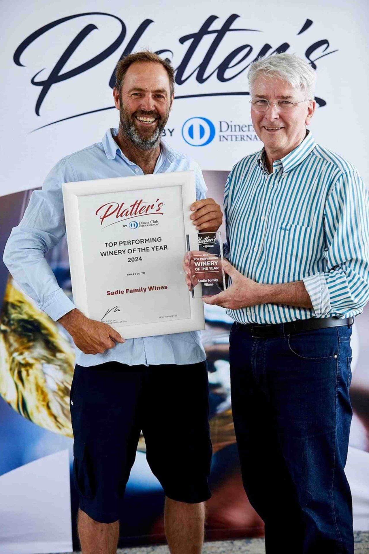 Platters 2024 Top Performing Winery of the Year Award Sadie Family Wines left to right Eben Sadie and Philip van Zyl