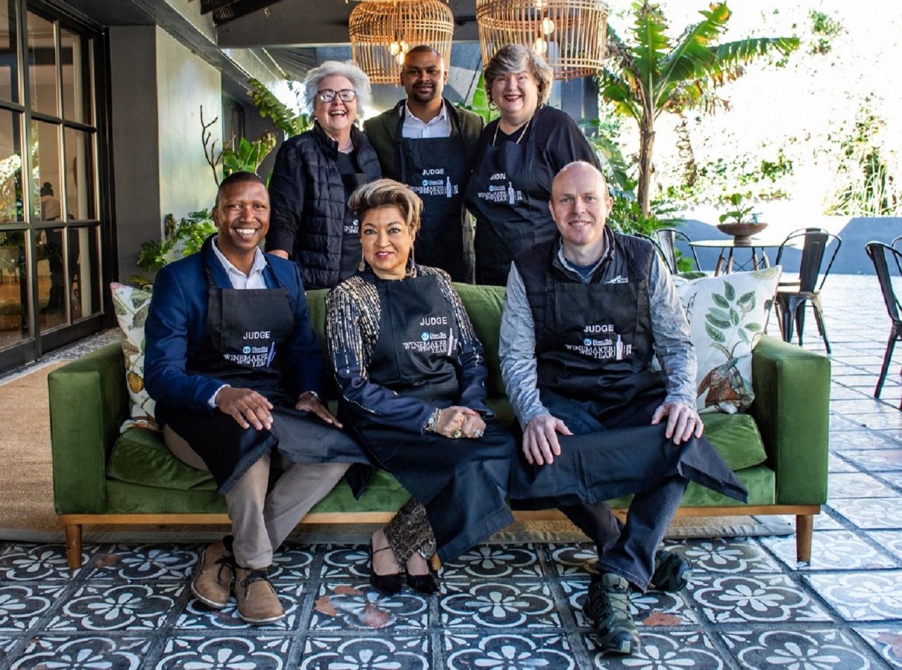 2024 DC Winemaker Judges BACK L R Carrie Adams Shane Mumba Winnie Bowman FRONT L R Denzel Swarts Yegas Naidoo Johann Fourie
